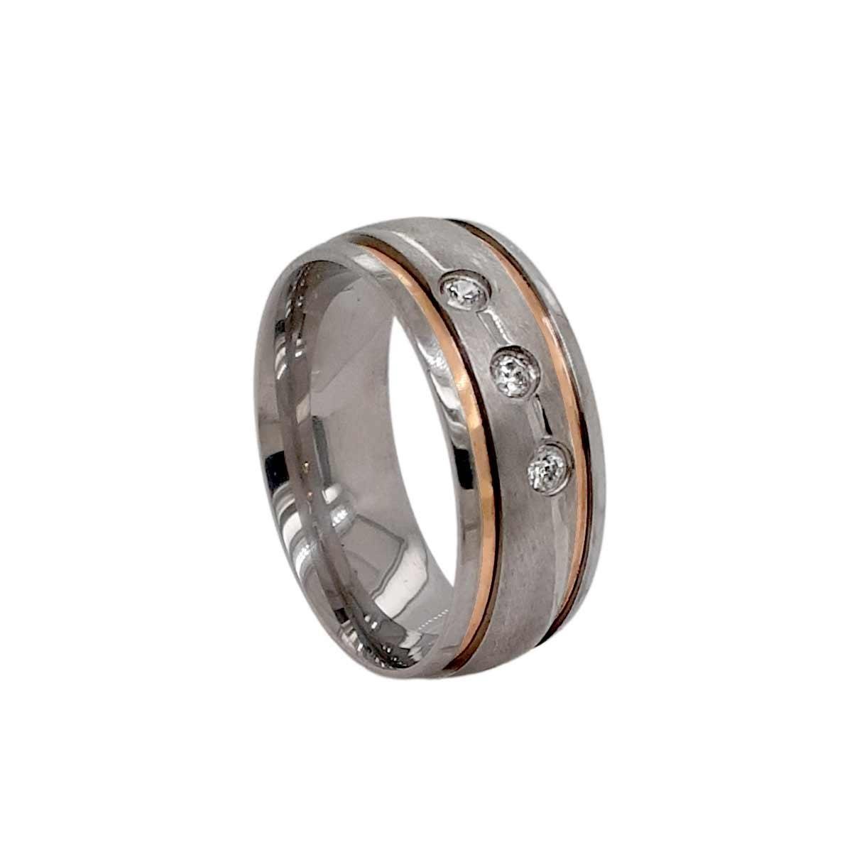 Aliança Aço Inox 3 Pedrinhas e Dois Frisos Dourado - 7mm