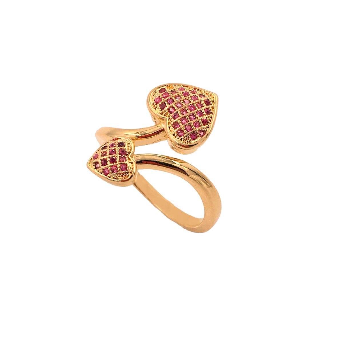 Anel Dois Corações com Micro Zircônia Folheado a Ouro