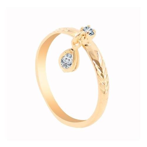 Anel Diamantado com Pingente Gota Zircônia Folheado a Ouro