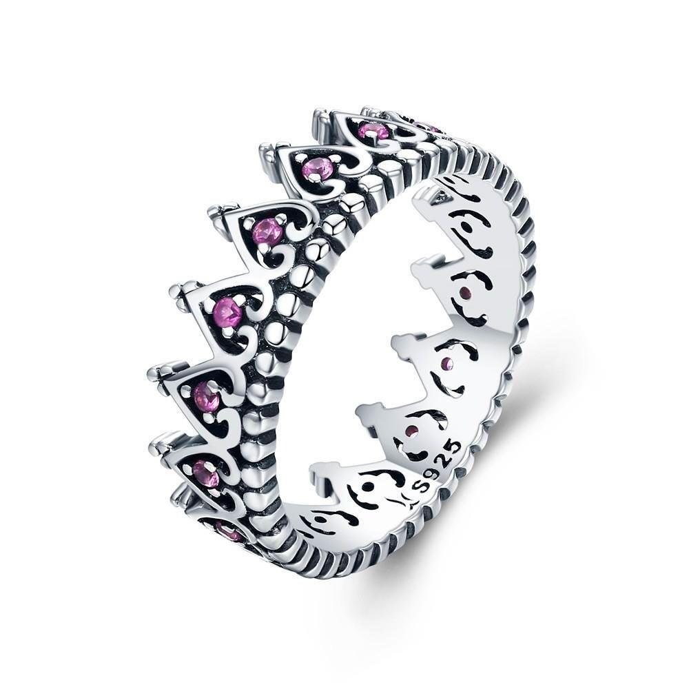 Anel De Prata coroa com zircônia rosa
