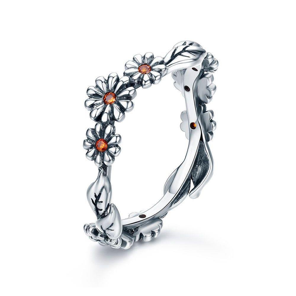Anel De Prata flor com zircônia âmbar