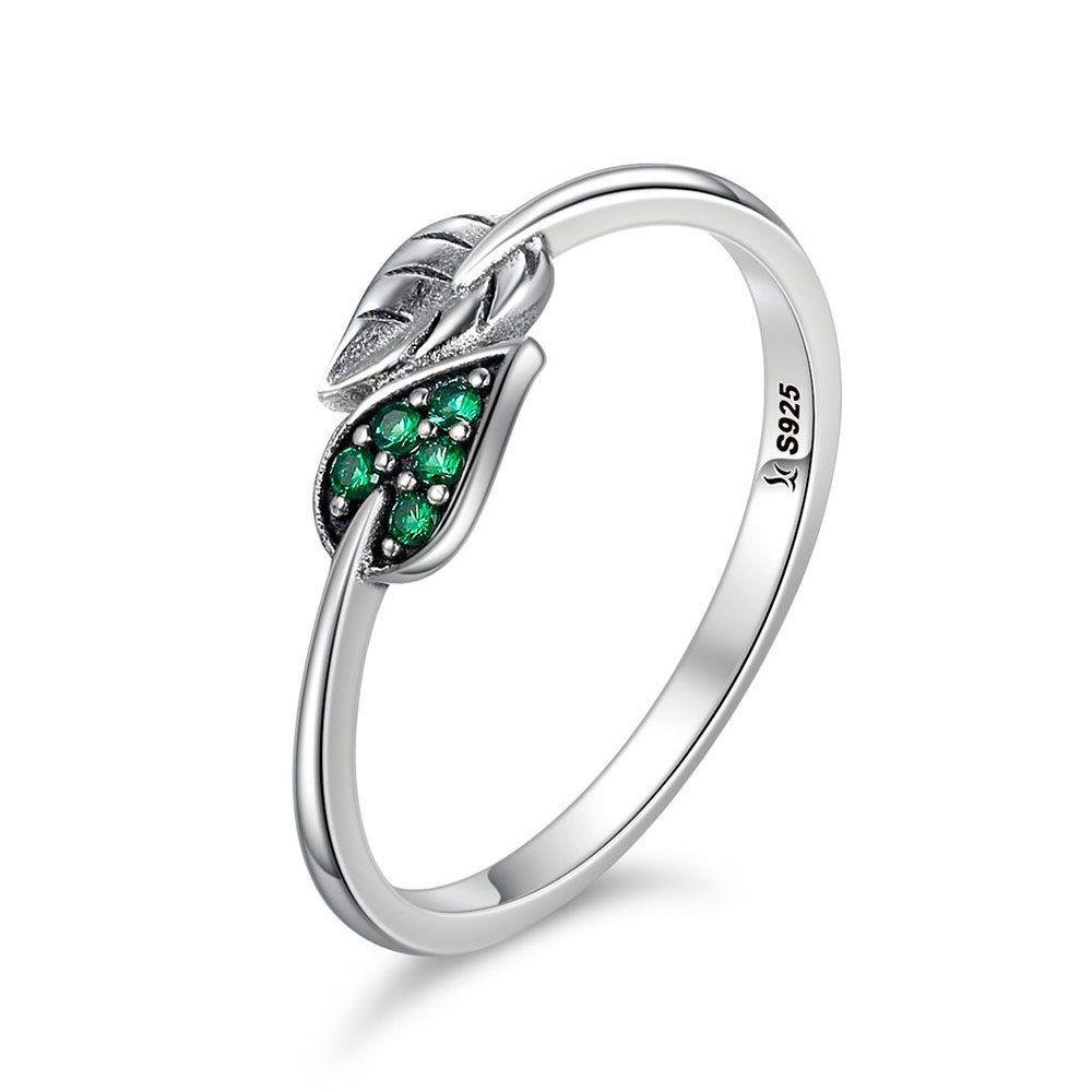 Anel De Prata folha com Zircônia Verde