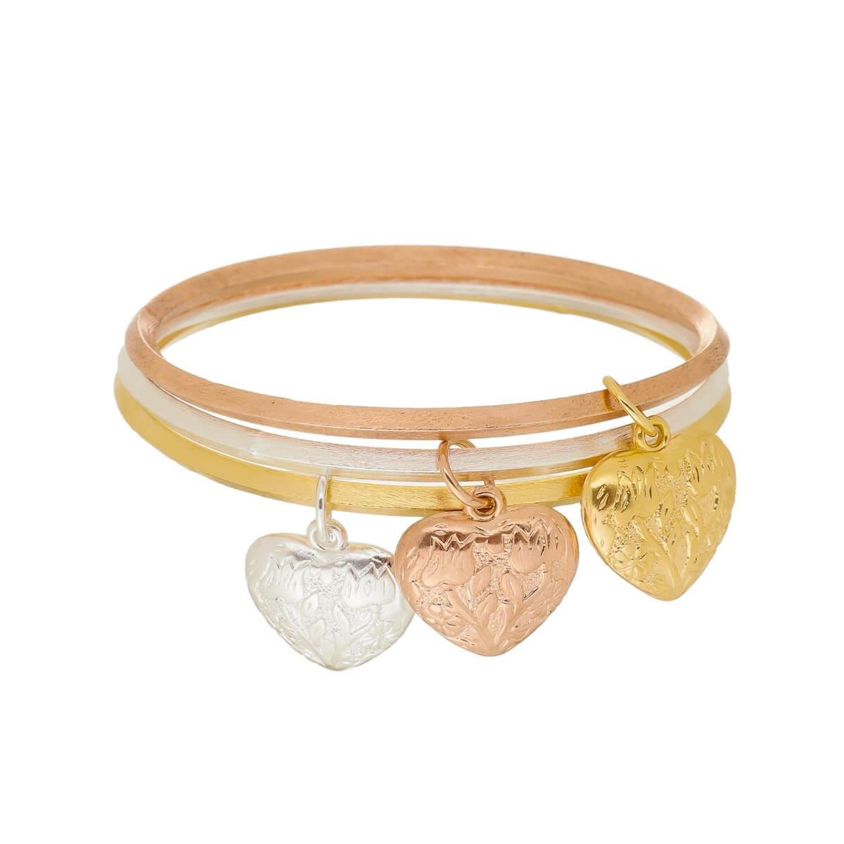 Bracelete Trio Coração Folheado a Ouro Com Rodio Branco e Rosé