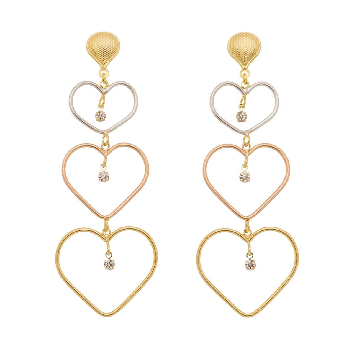 Brinco Três Corações com Ródio Branco e Rosé Folheado a Ouro