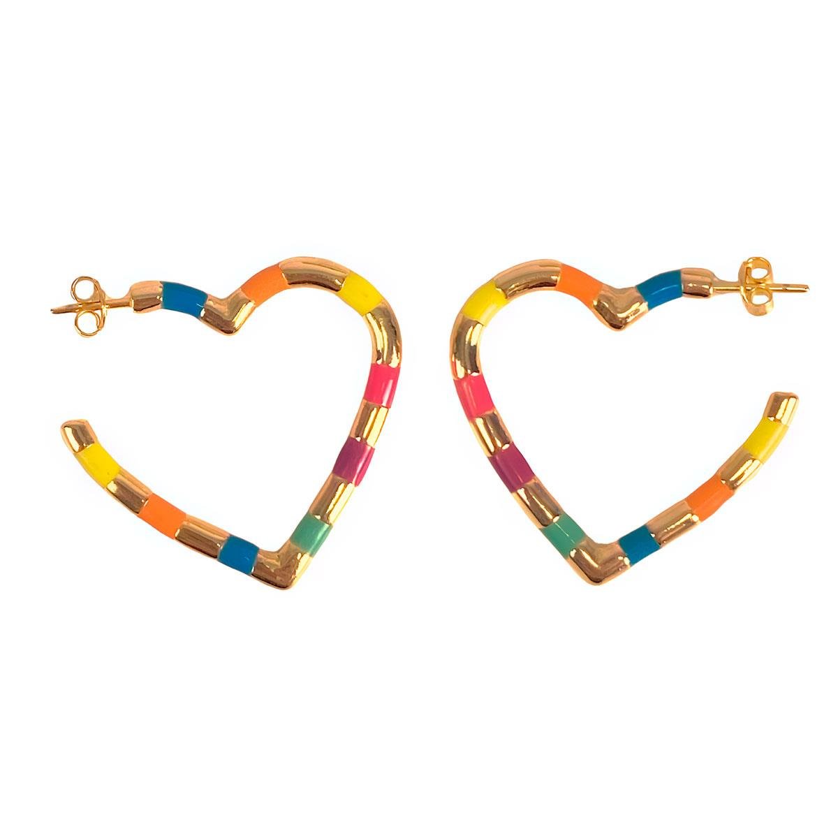 BRINCO BANHADO A OURO ARGOLA DE CORAÇÃO MÉDIO COM RESINAS COLORIDAS