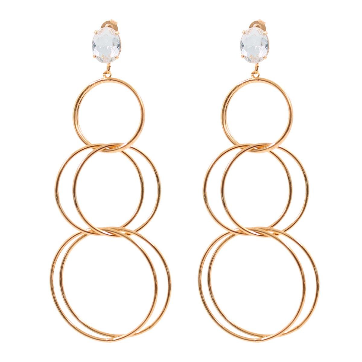 Brinco Base com Pedra e Três Argolas Duplas Folheado a Ouro