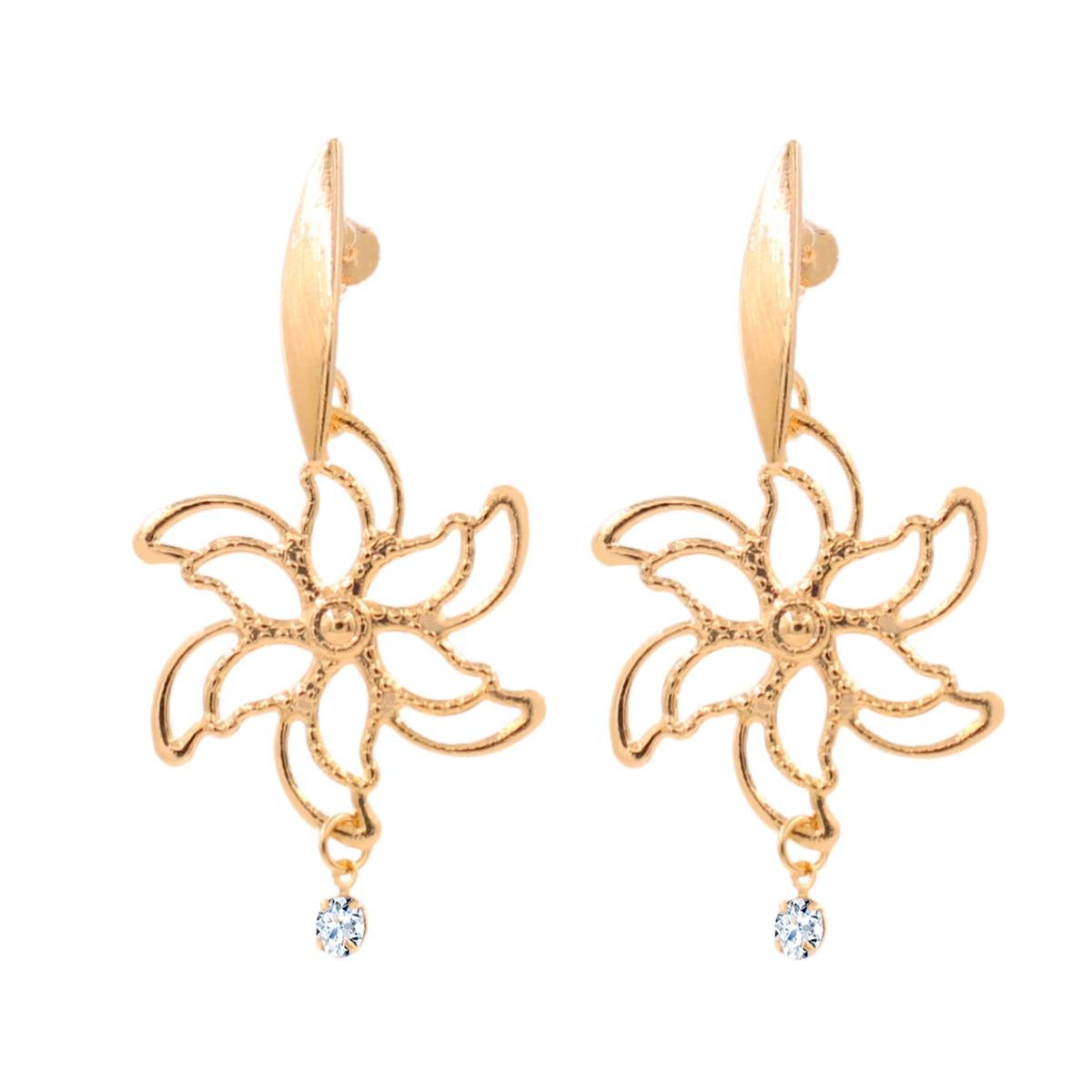 Brinco Base Navete com Flor e Strass Folheado a Ouro