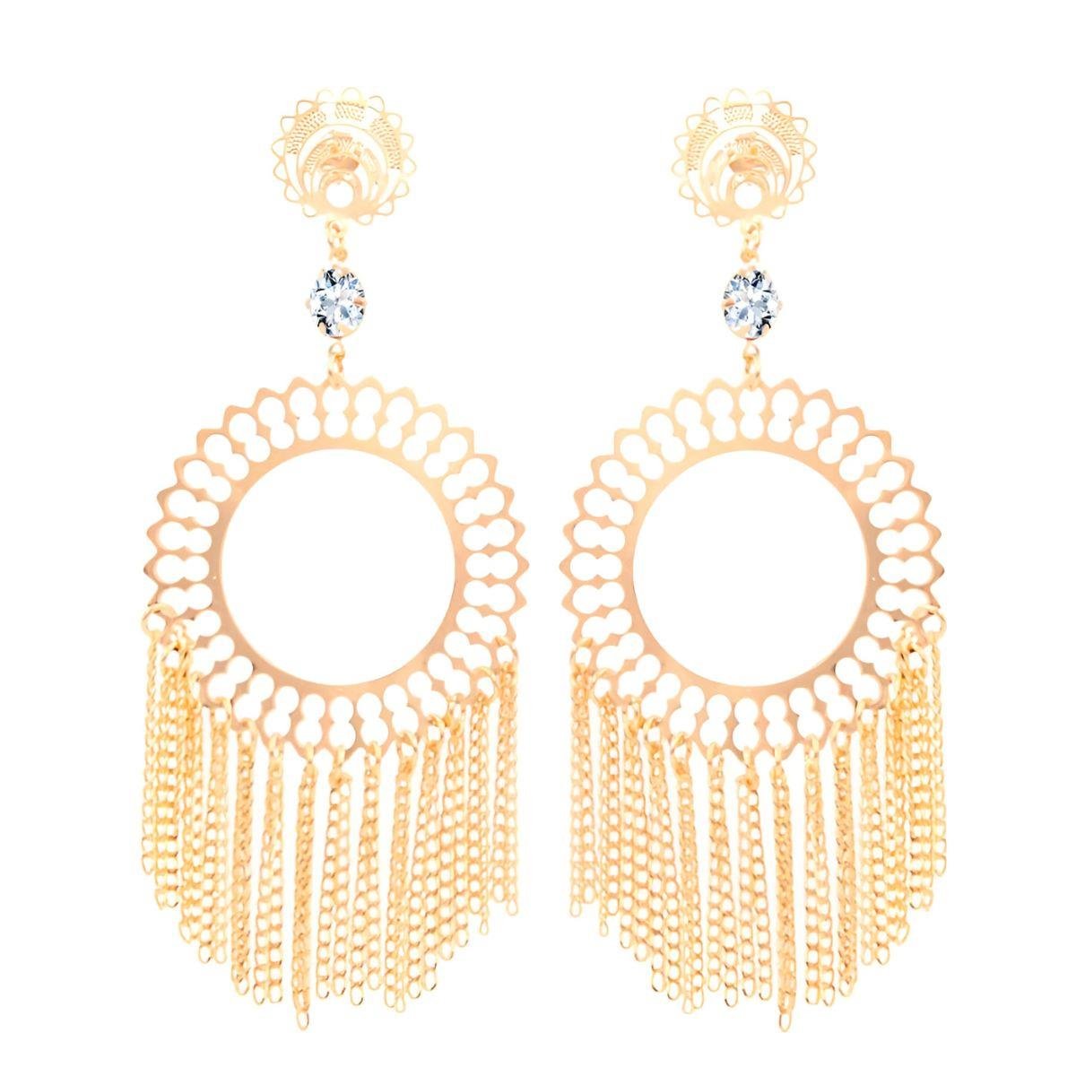 Brinco de Flor Vazada com Franja e Strass Folheado a Ouro