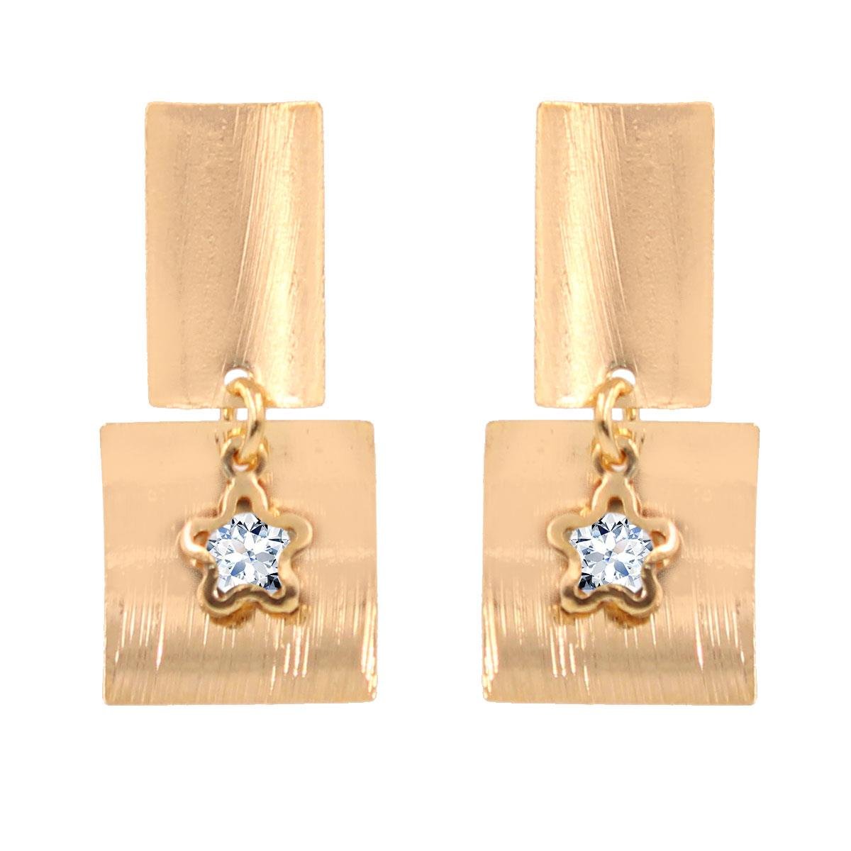 Brinco Chapa Riscada com Estrela Strass Folheado a Ouro