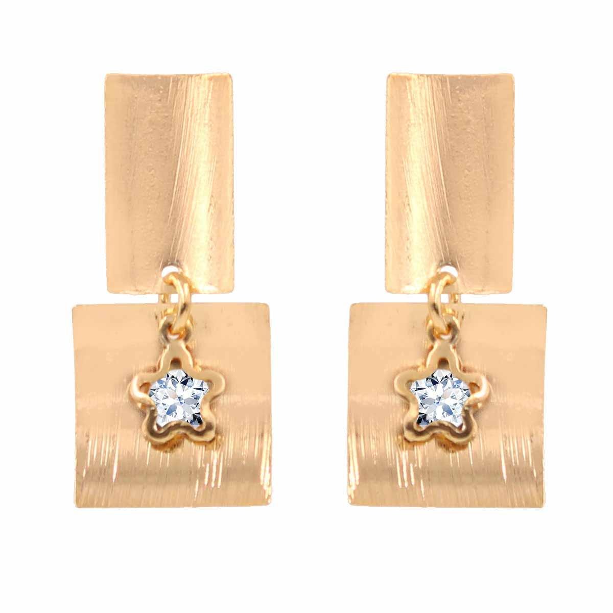 Brinco Chapa Riscada com Estrela Strass Folheado a Ouro