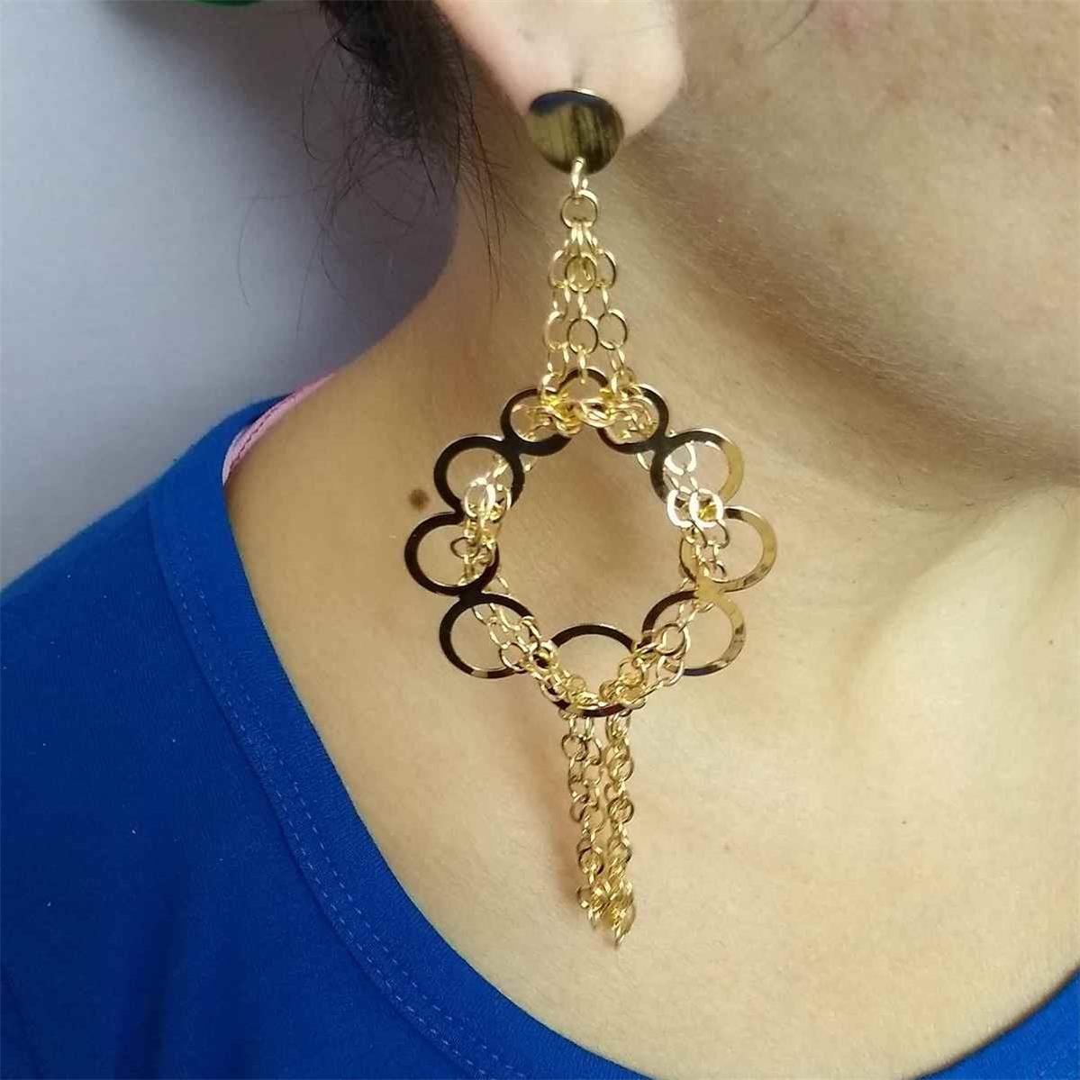 Brinco de Círculos com Corrente Folheado a Ouro