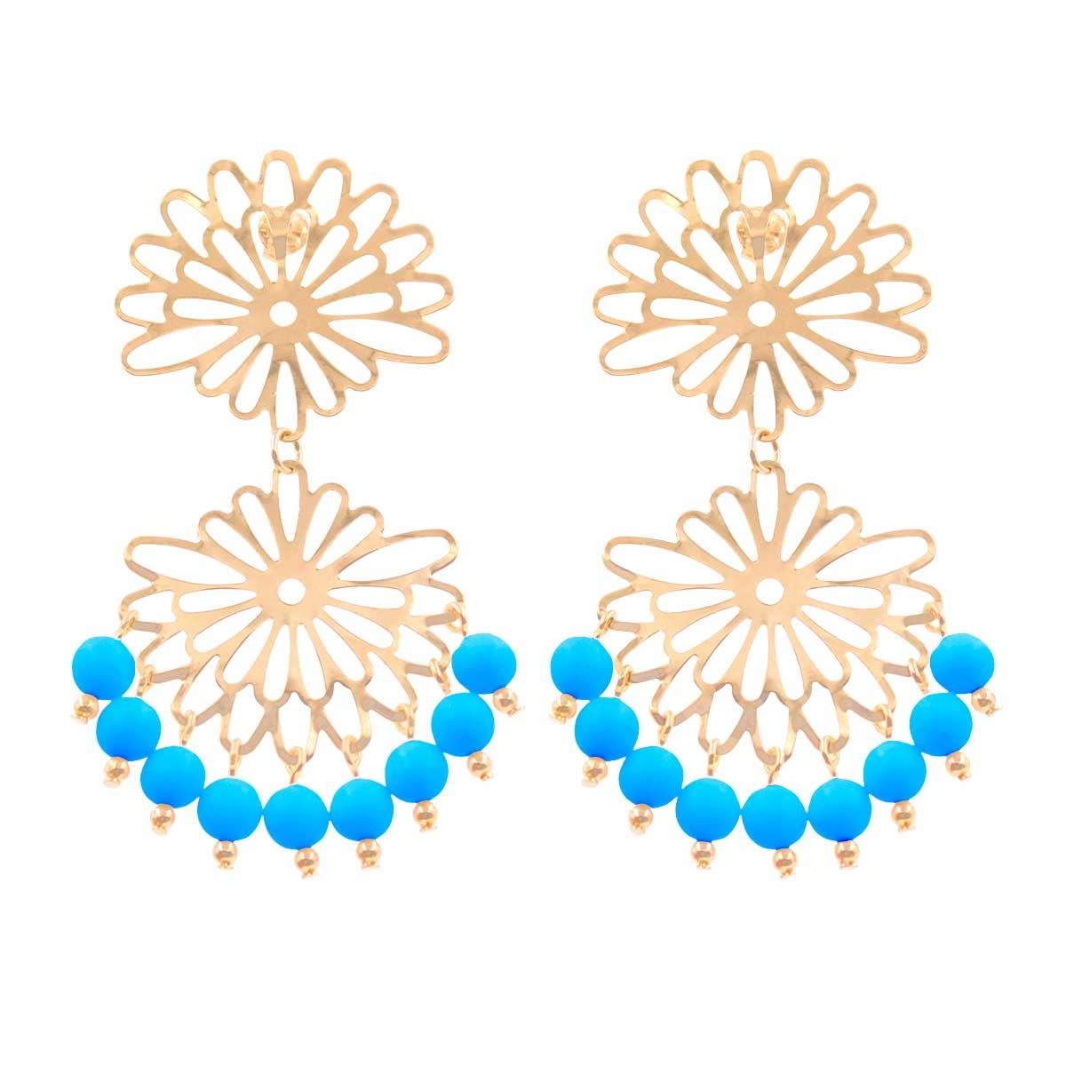 Brinco de Flor Vazada com Franja de Miçanga Folheado a Ouro