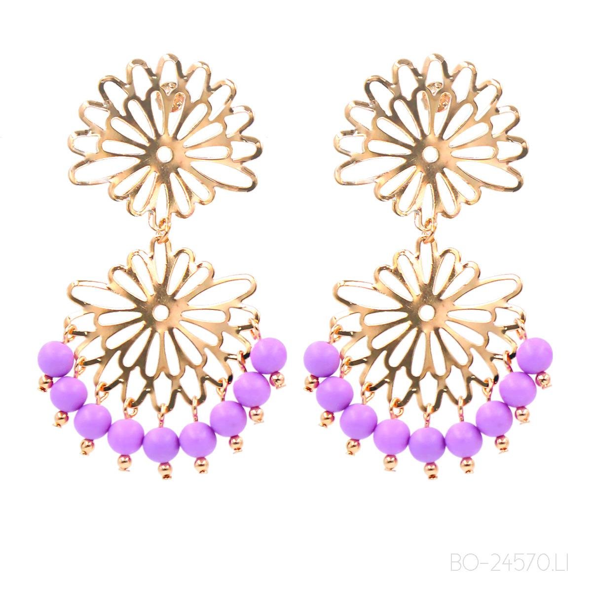 Brinco de Flor Vazada com Franja de Miçanga Folheado a Ouro