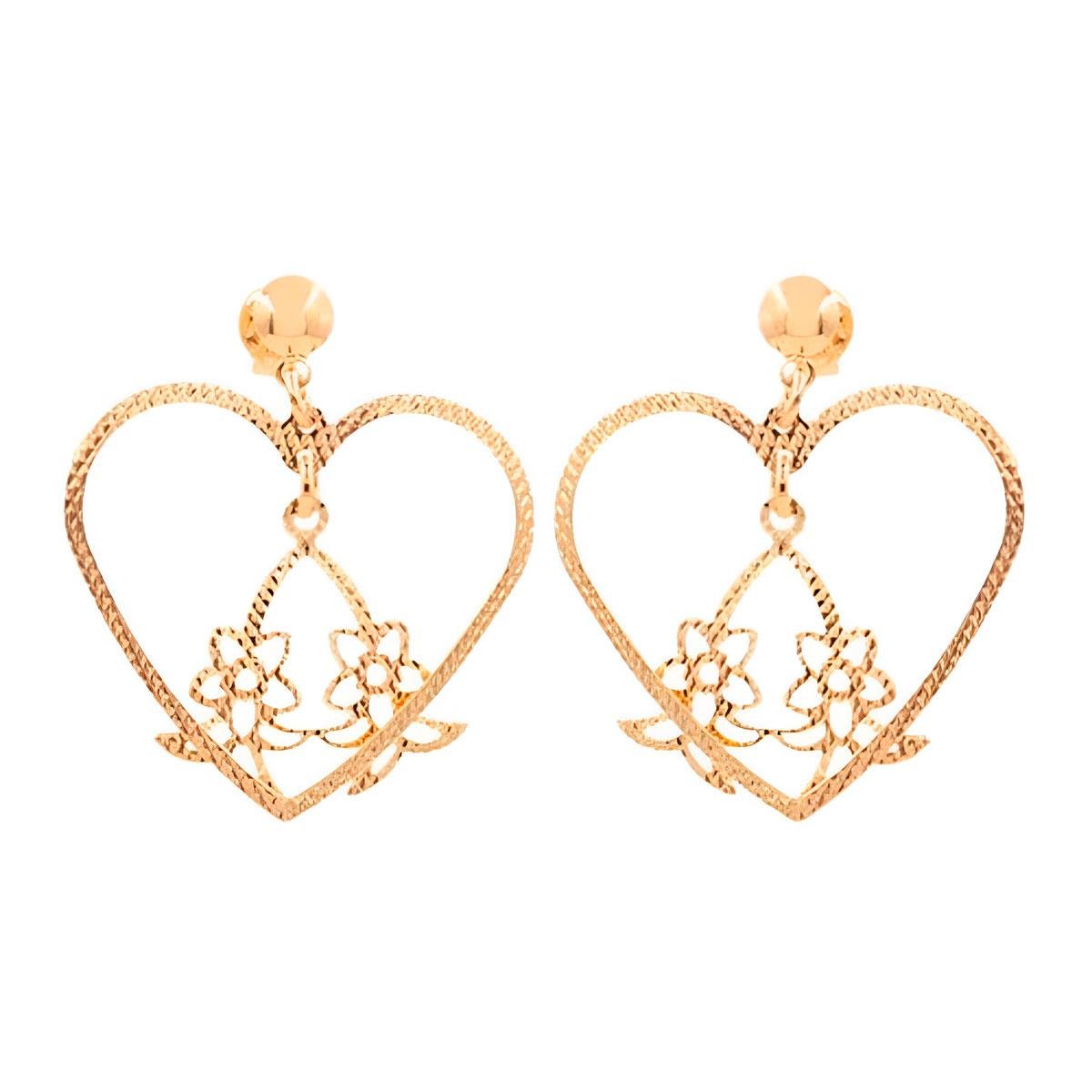 Brinco de Coração Vazado Com Flores Folheado a Ouro