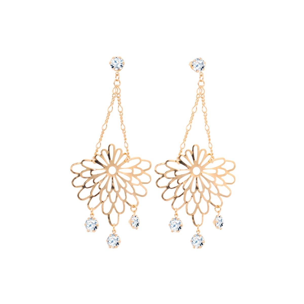 Brinco de Corrente com Flor Vazada e Strass Folheado a Ouro