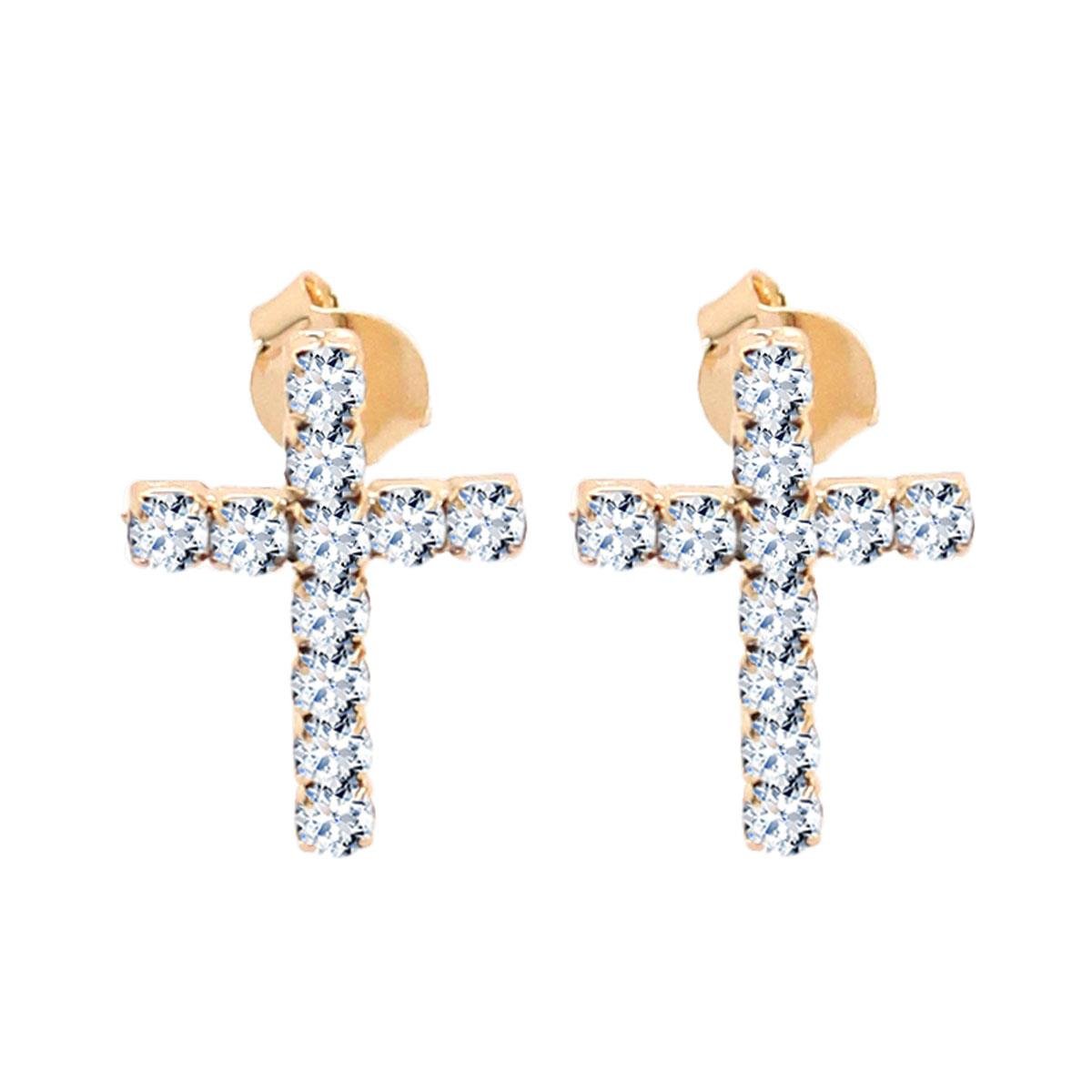 Brinco Cruz De Strass Folheado a Ouro