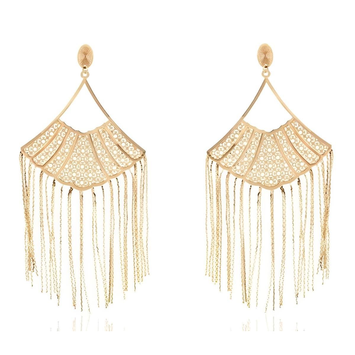 Brinco Leque Vazado com Franja Folheado a Ouro