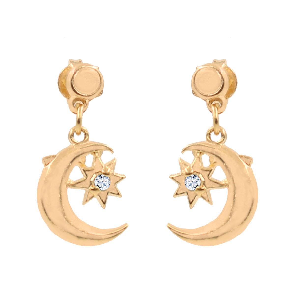 Brinco de Lua com Estrela e Strass Folheado a Ouro