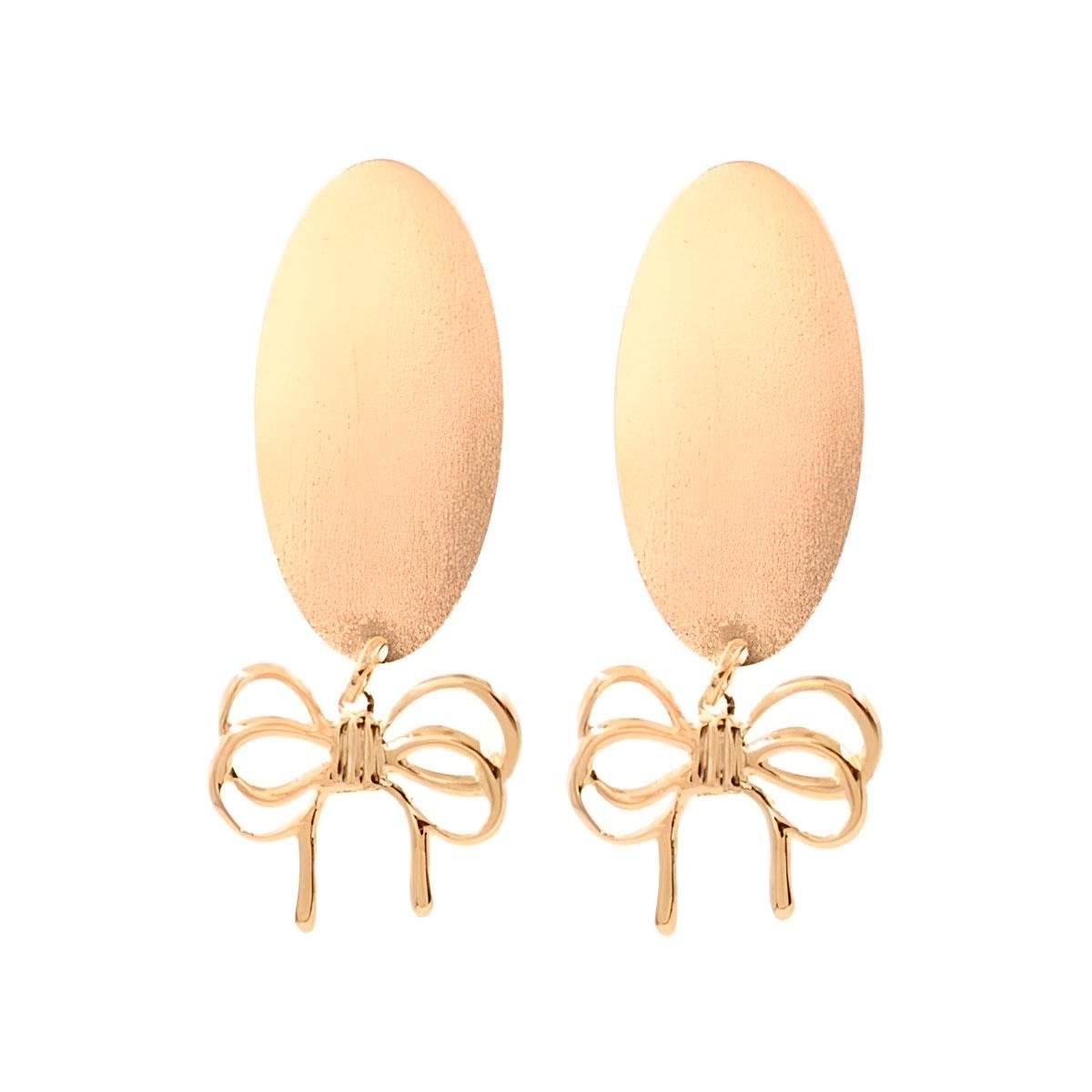 Brinco de Chapa Oval com Lacinho Folheado a Ouro