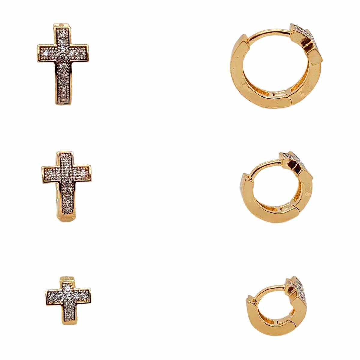 Brinco Trio de Cruz com Zircônia e Ródio Branco Folheado a Ouro