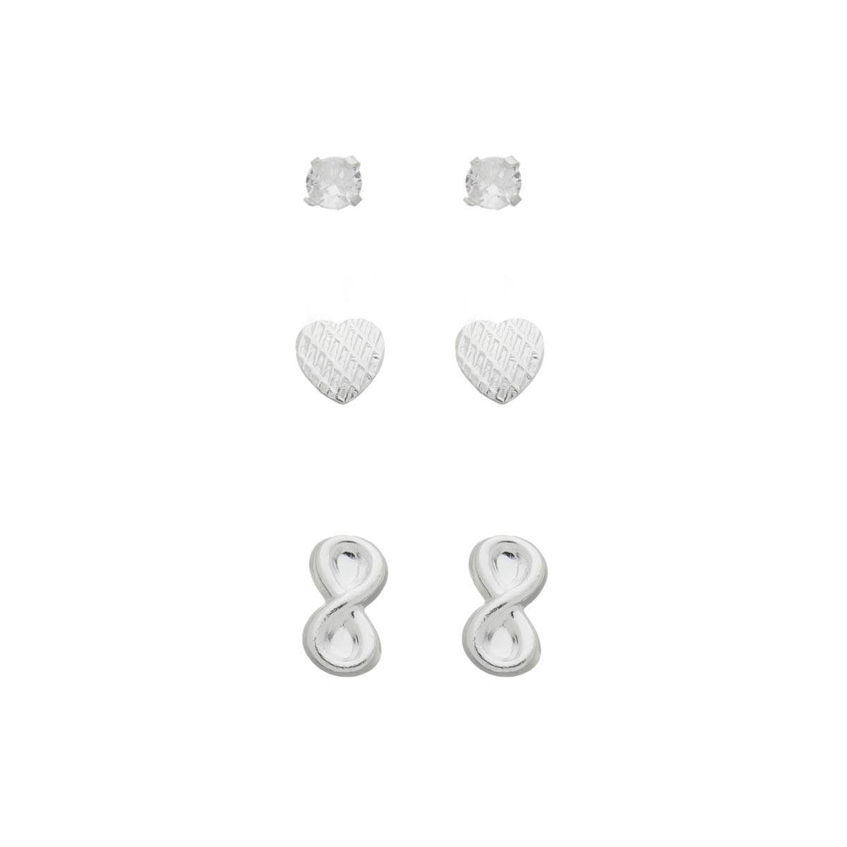 BRINCO DE PRATA 925 TRIO INFINITO, CORAÇÃO E ZIRCÔNIA