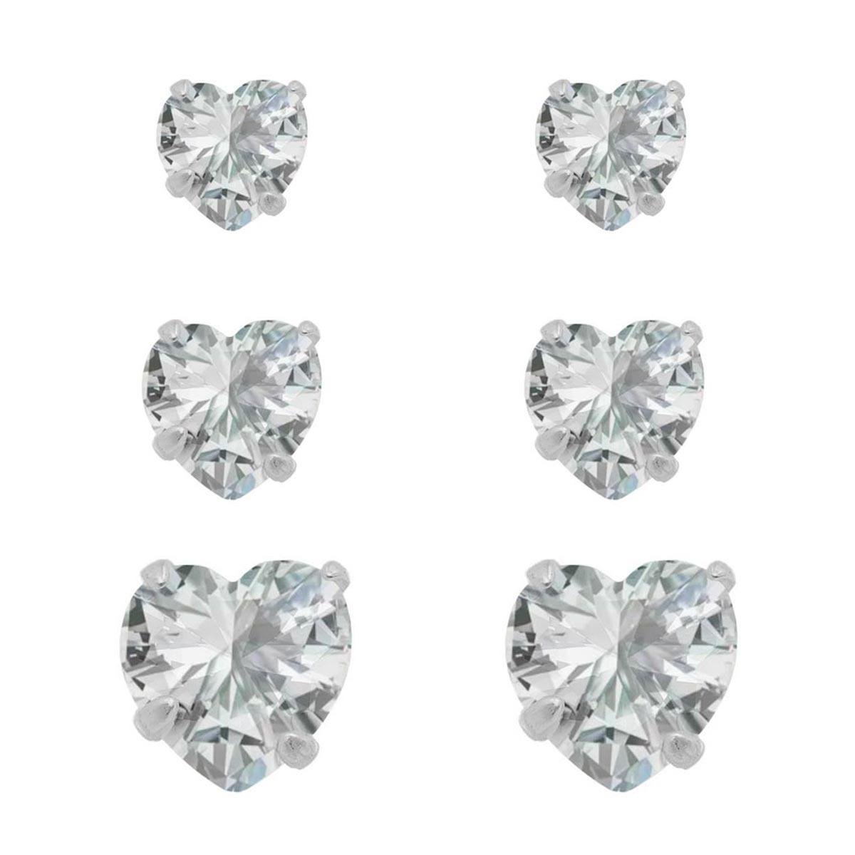 Brinco De Prata Trio Ponto de Luz Coração 5mm 4mm 3mm