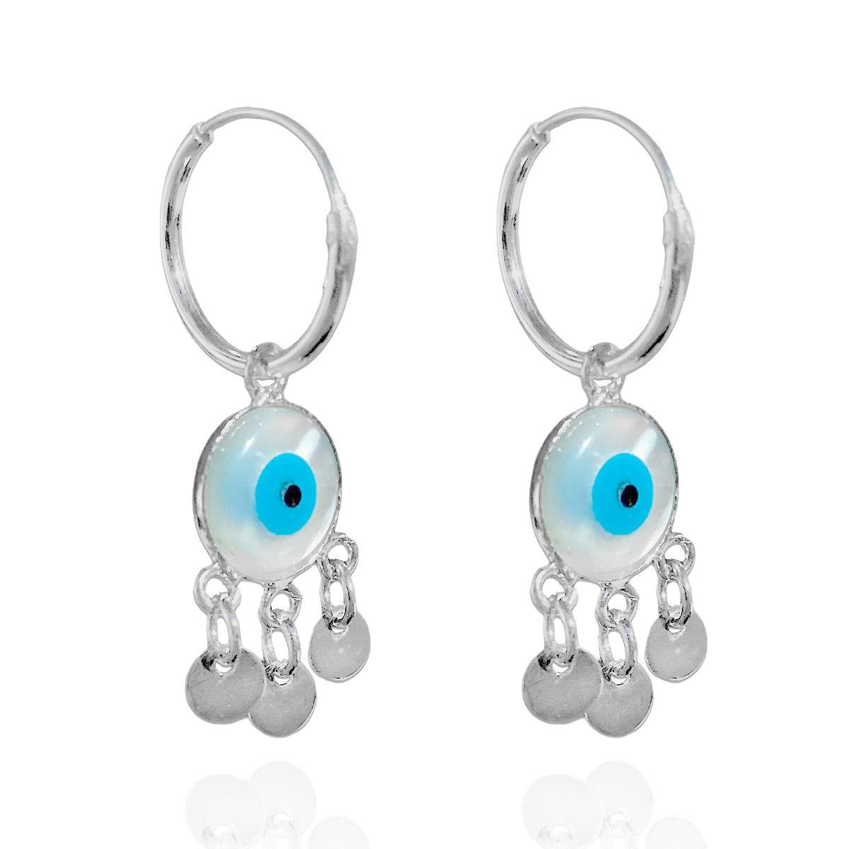 Brinco De Prata Argolinha Olho Grego com Plaquinhas