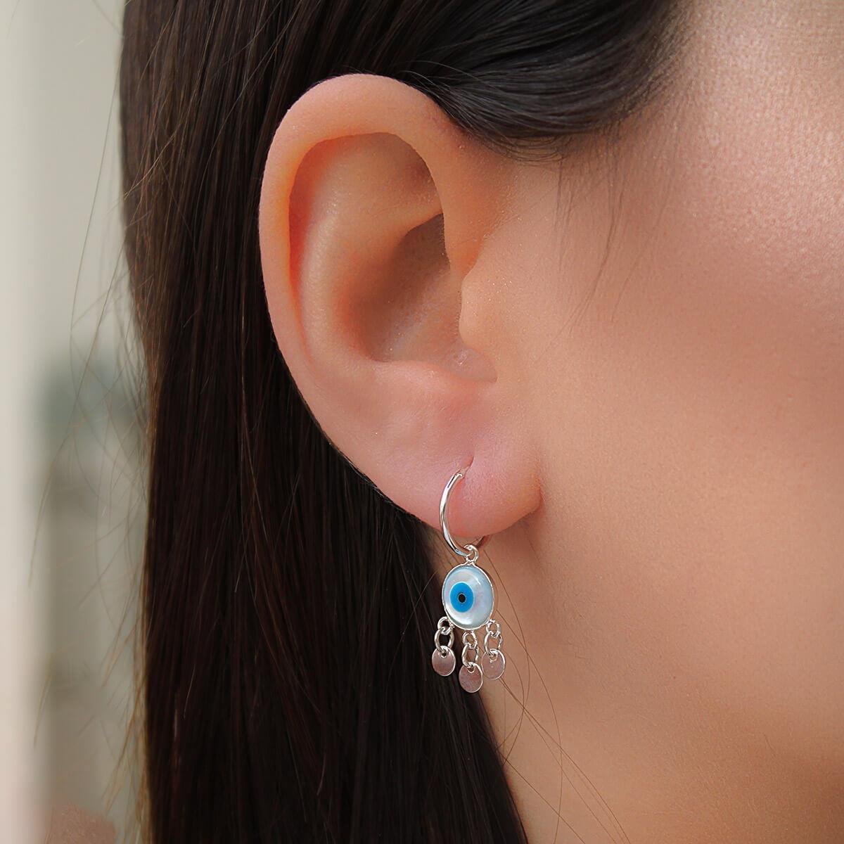 Brinco De Prata Argolinha Olho Grego com Plaquinhas