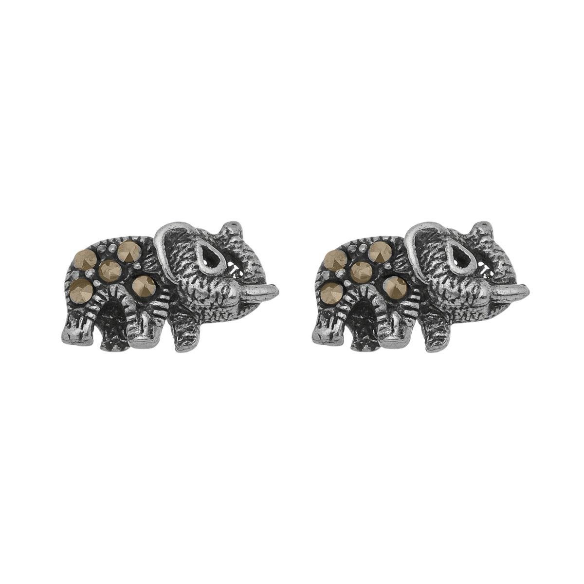 Brinco de Prata Envelhecida Elefante com Marcassita