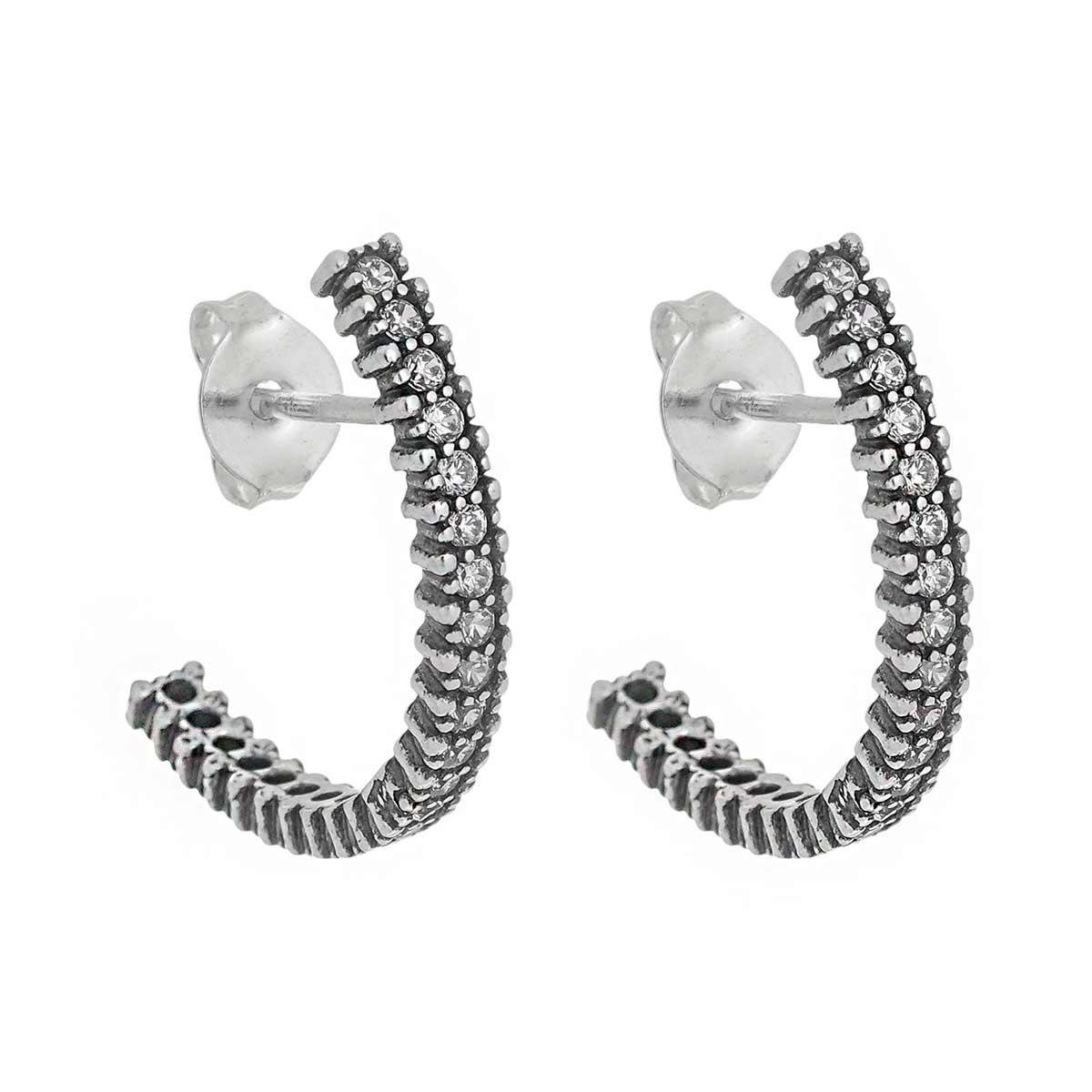 Brinco De Prata Envelhecida Semi Argola Zircônia