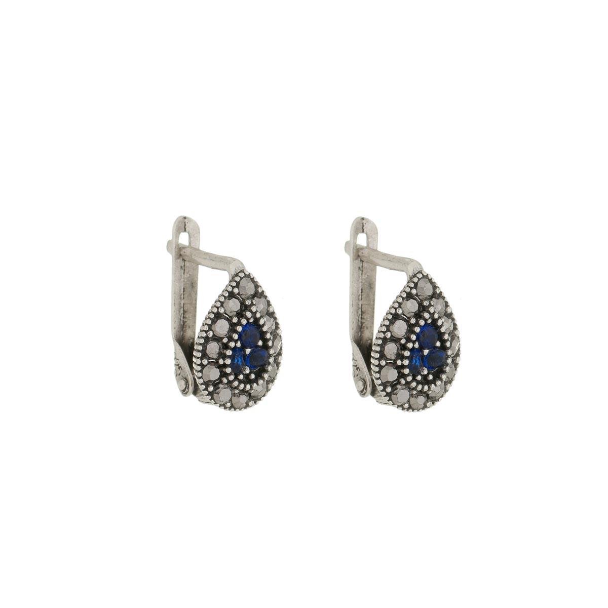 Brinco de Prata Gota em Marcassita e 3 Zircônias