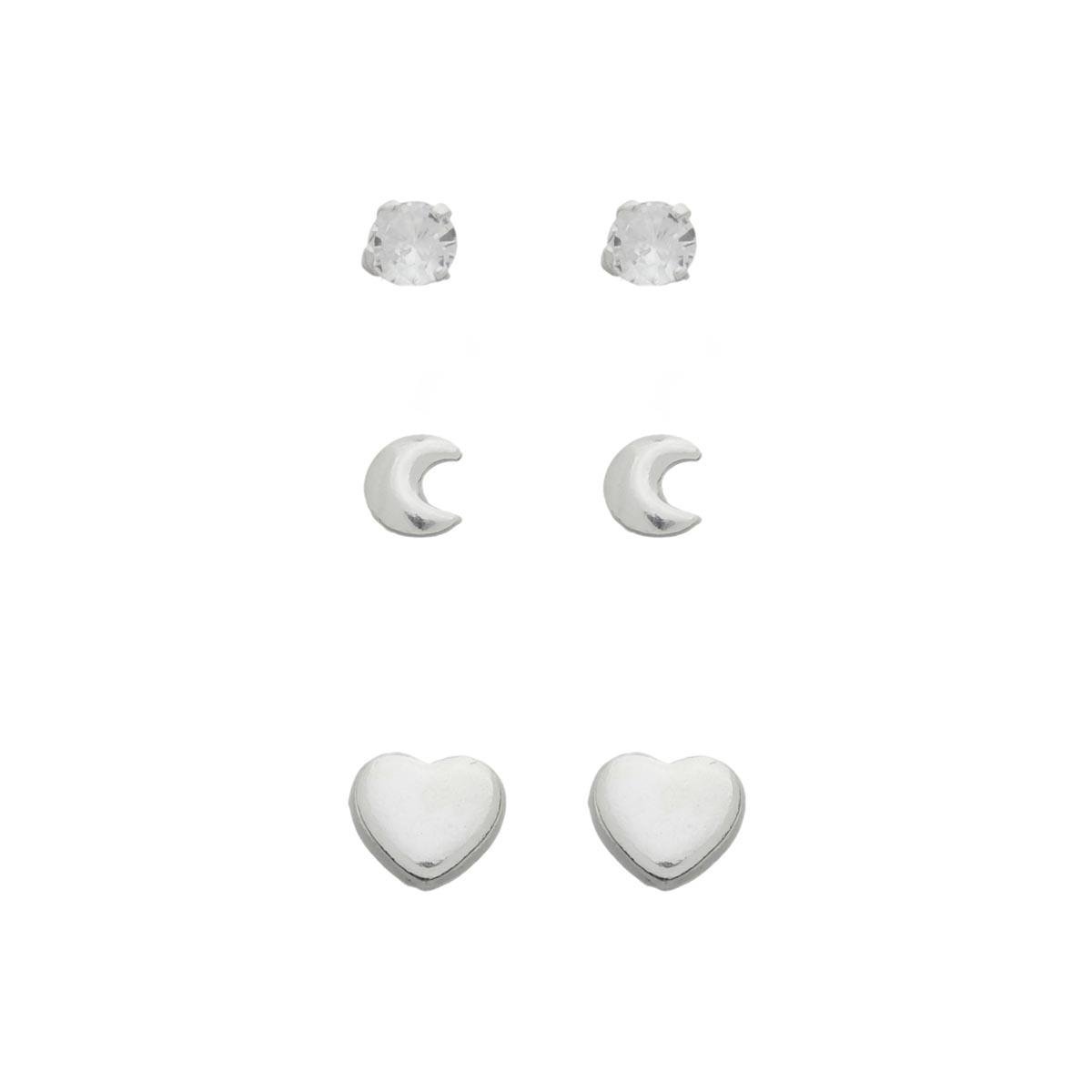 BRINCO DE PRATA TRIO LUA, PONTO DE LUZ E CORAÇÃO