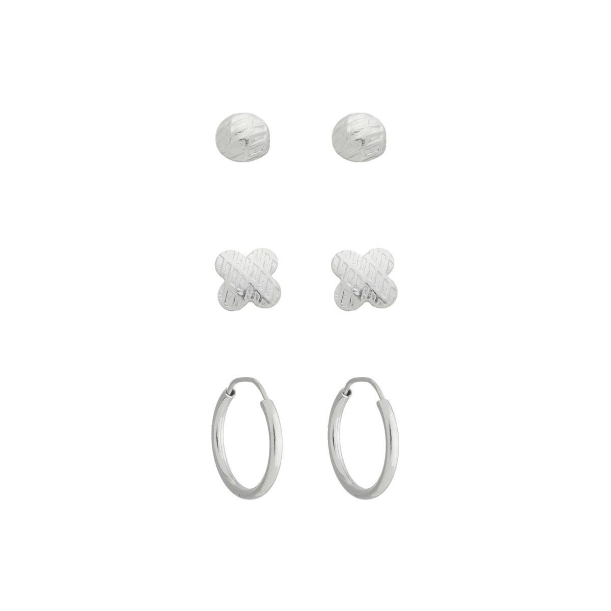 BRINCO DE PRATA TRIO ARGOLINHA, FLOR E BOLA