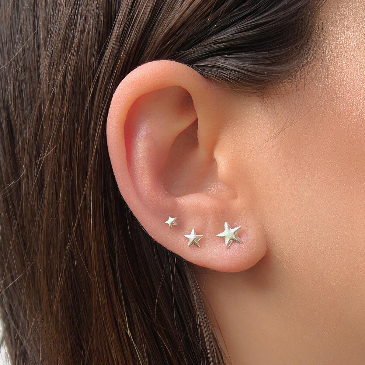 Brinco De Prata Trio Estrela 8mm 5mm 3mm