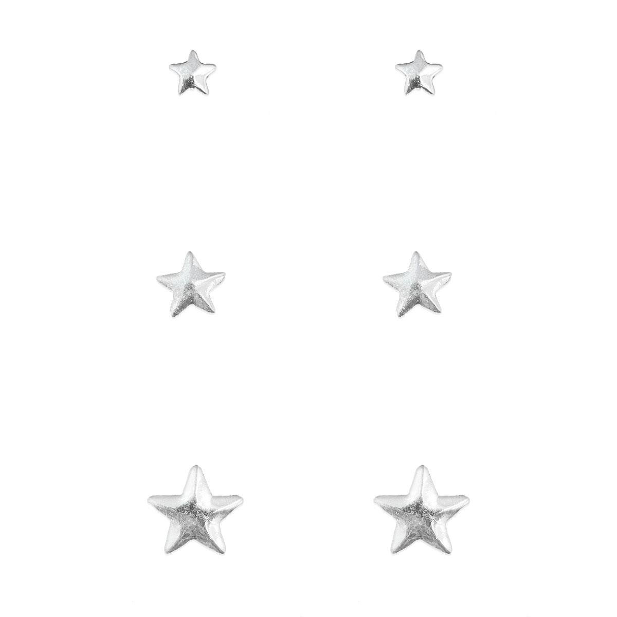 Brinco De Prata Trio Estrela 8mm 5mm 3mm