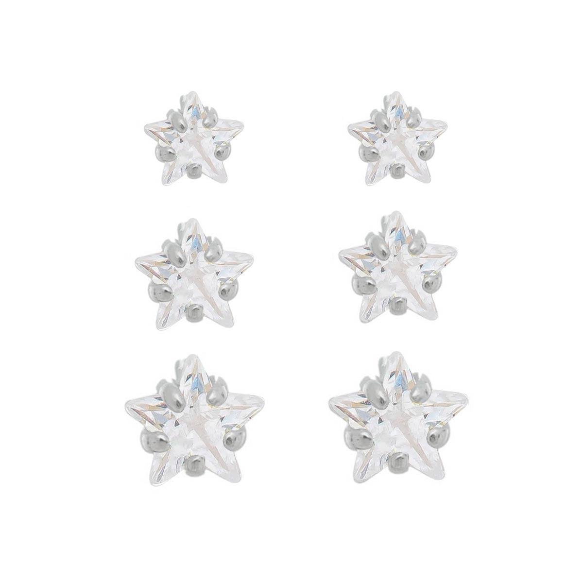 Brinco De Prata Trio Ponto de Luz Estrela 6mm 5mm 4mm