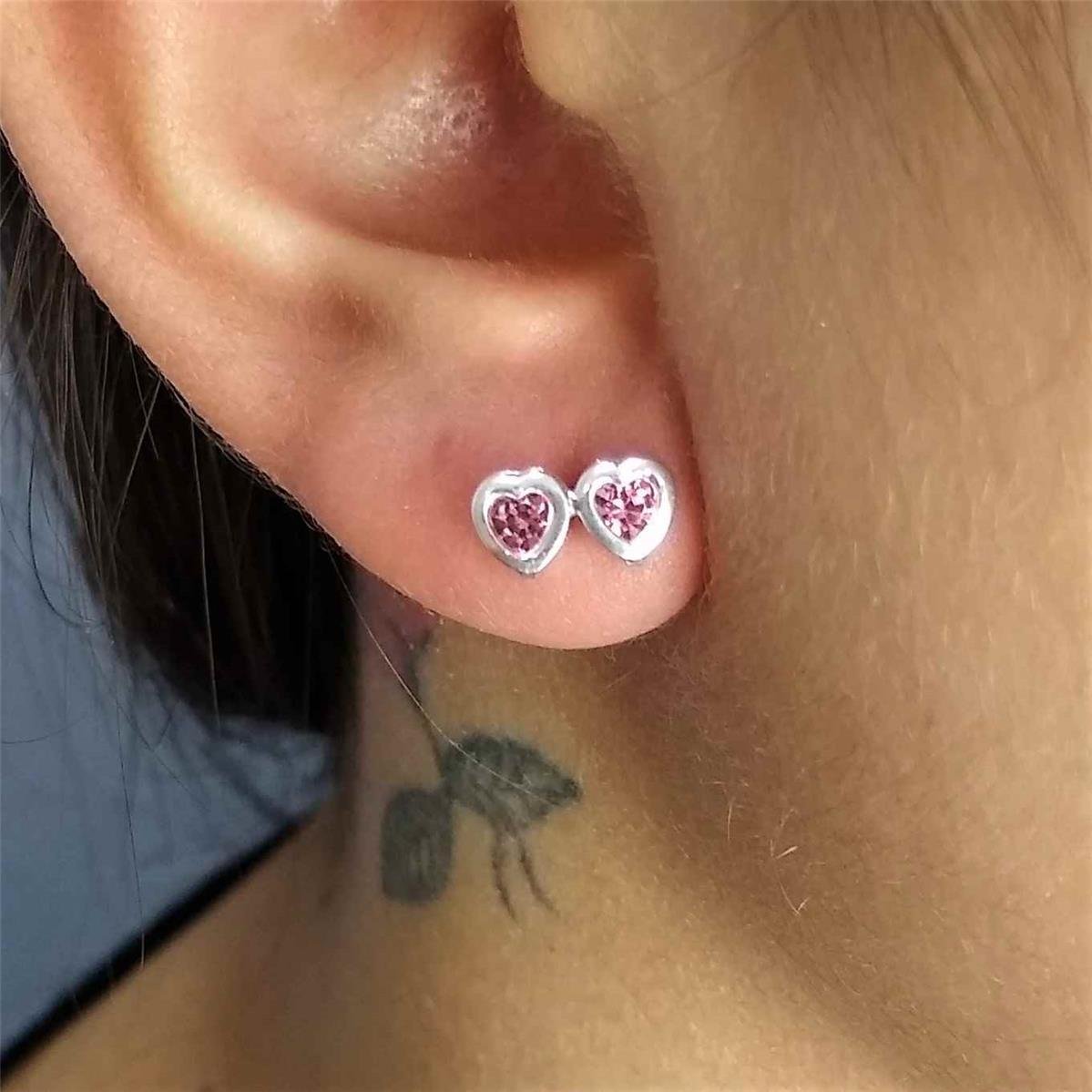Brinco de Coração Duplo com Strass Folheado a Prata