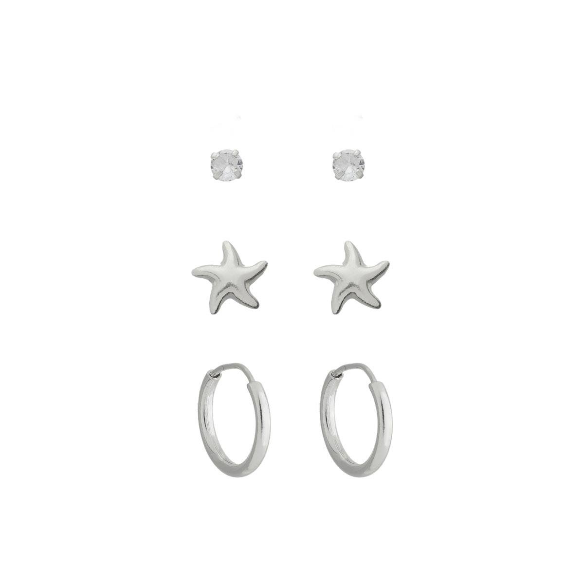 BRINCO DE TRIO PRATA ARGOLINHA E ESTRELA DO MAR
