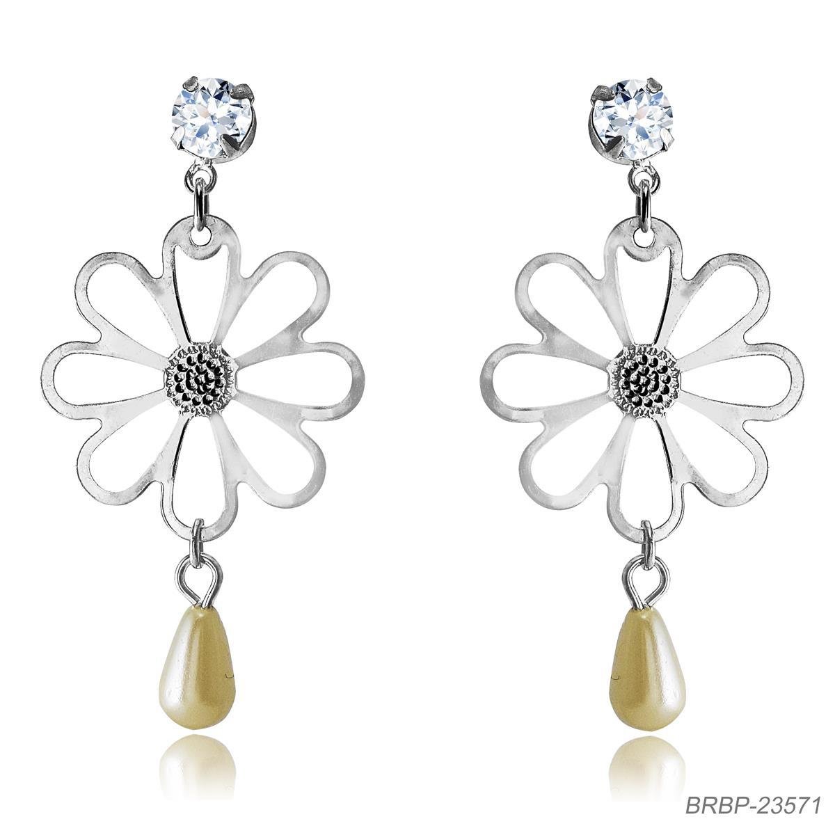 Brinco de Flor Vazada Com Gota de Pérola Folheado a Prata