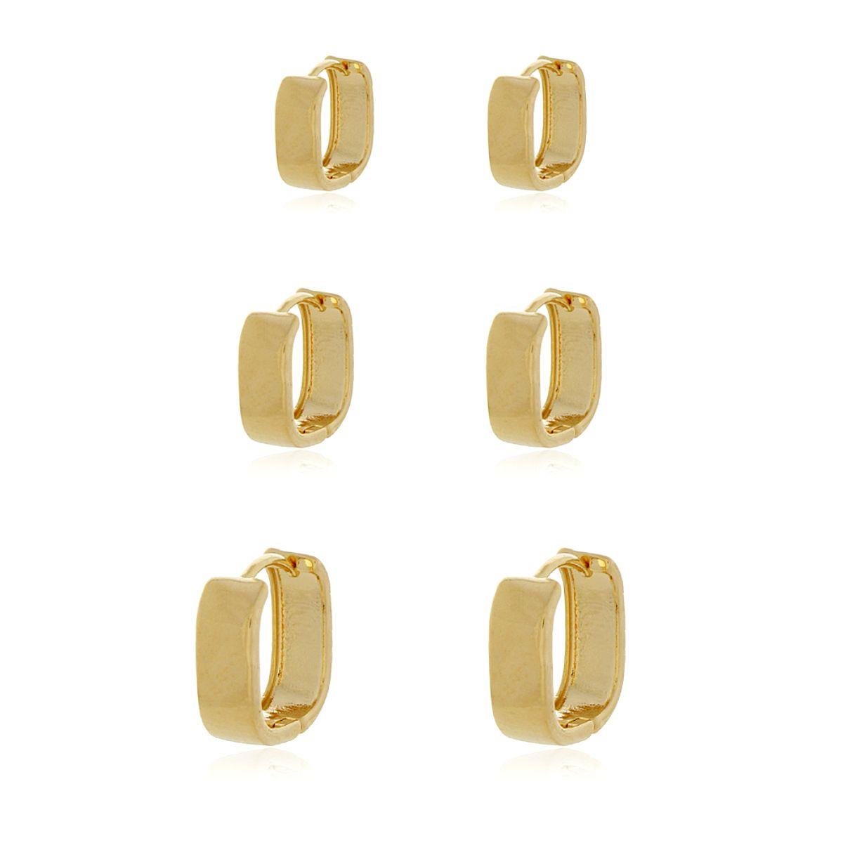 Brinco Trio de Argola Quadrada Banhado a Ouro