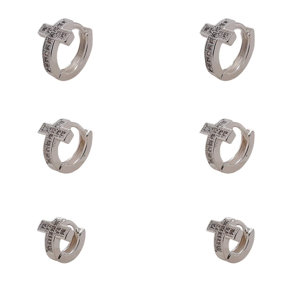 Brinco Trio de Cruz com Micro Zircônia Folheado a Prata