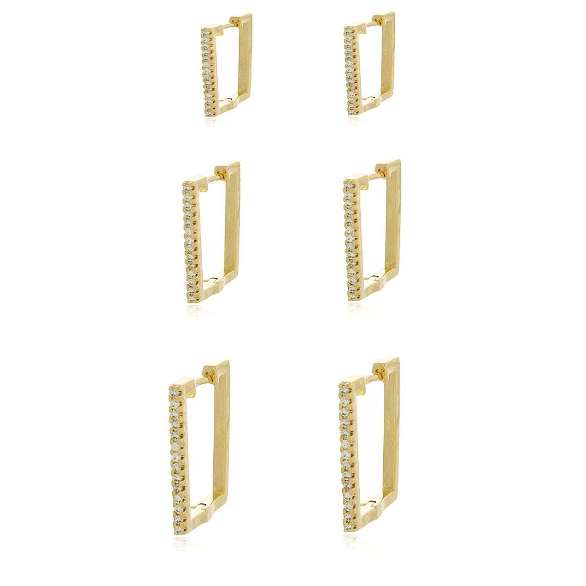 Brinco Trio Quadrado Cravejado Banhado a Ouro