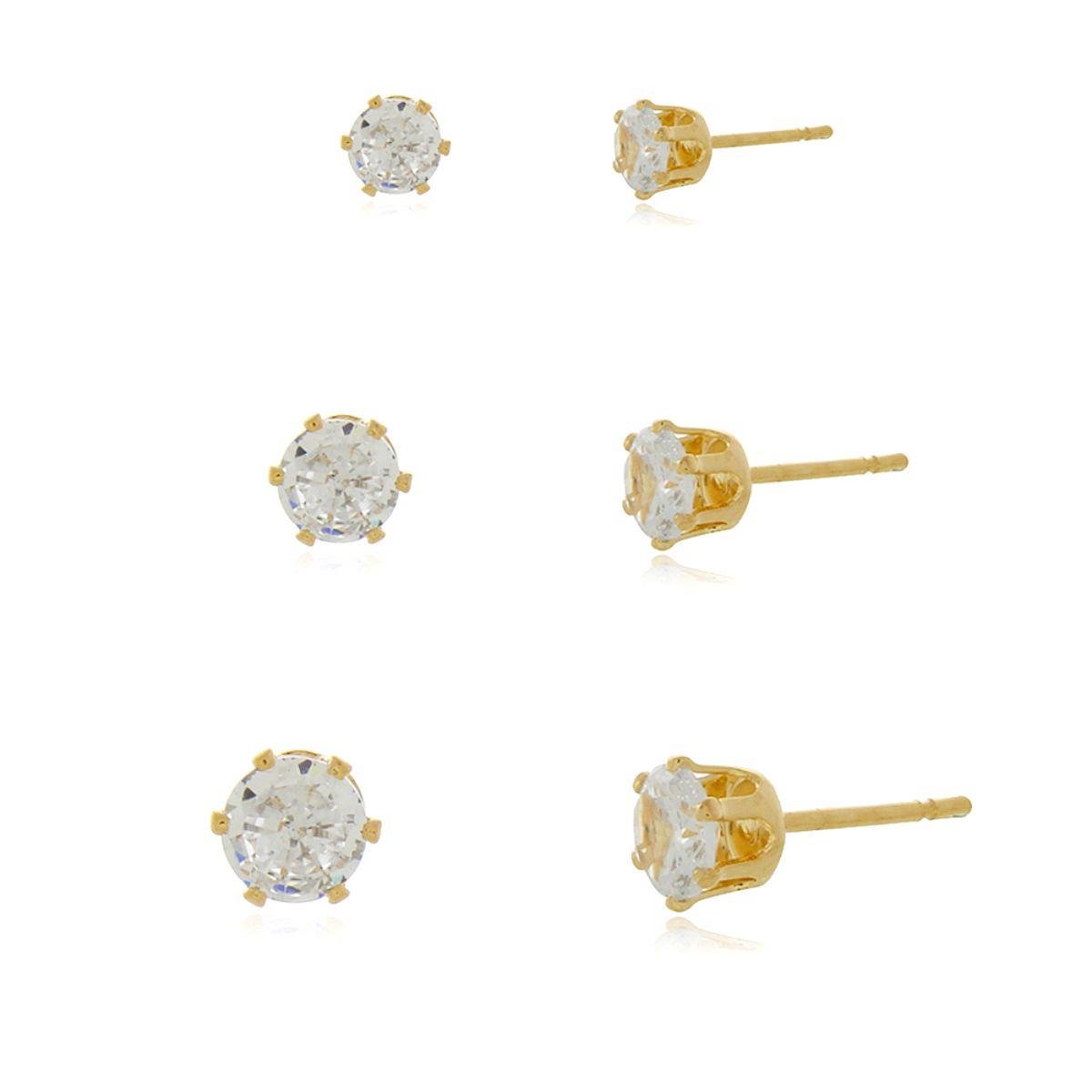 Brinco Trio de Zircônias Redonda Banhado a Ouro