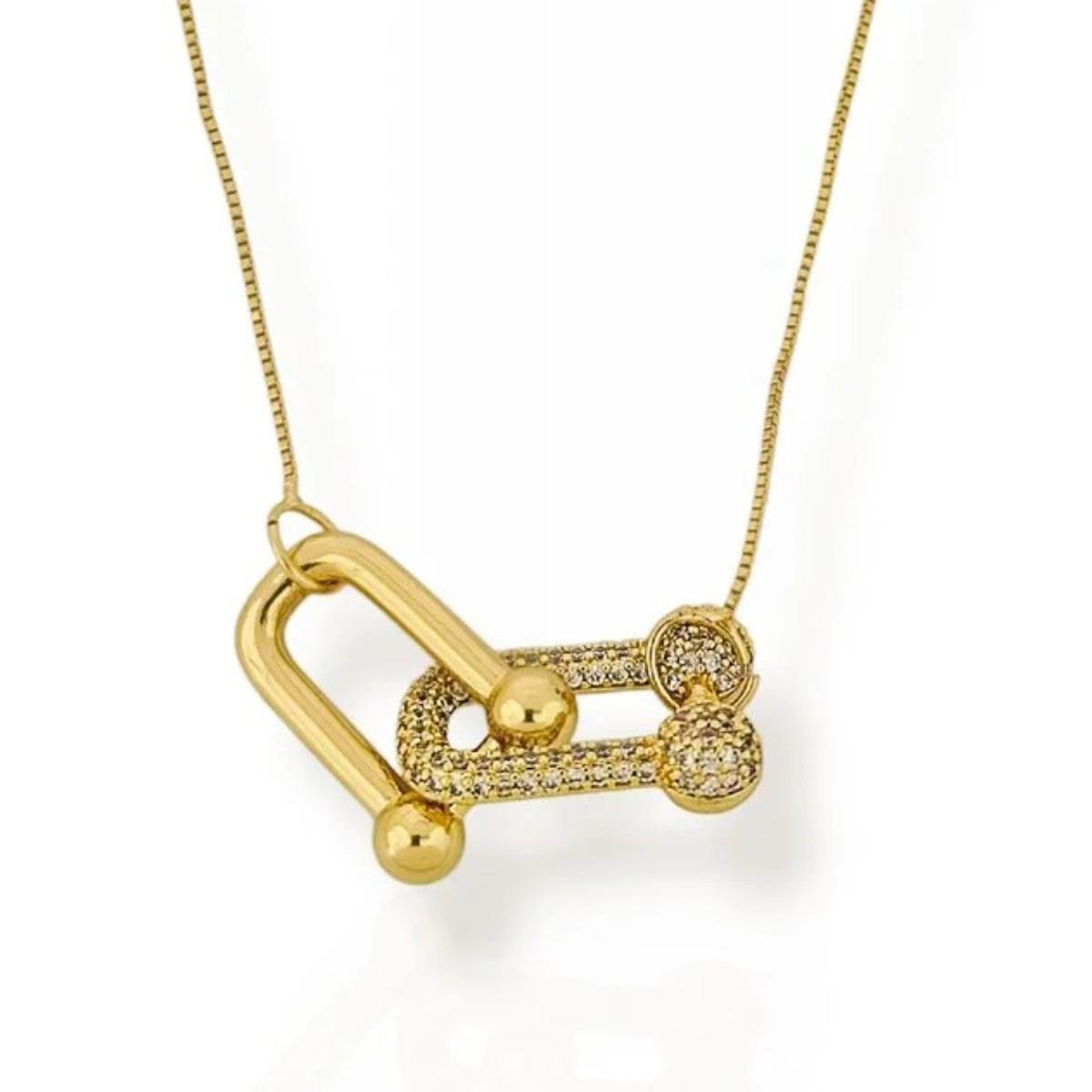 COLAR 40 CM PINGENTE DE ELO LISO E CRAVEJADO BANHADO A OURO