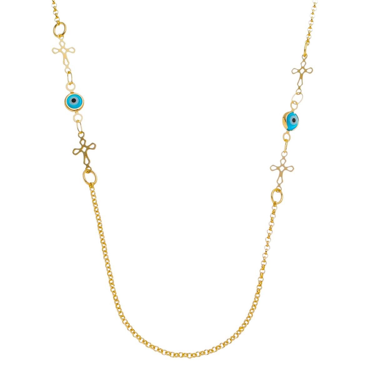 COLAR BANHADO A OURO LONGO DE ELO PORTUGUÊS COM CRUZ E OLHO GREGO