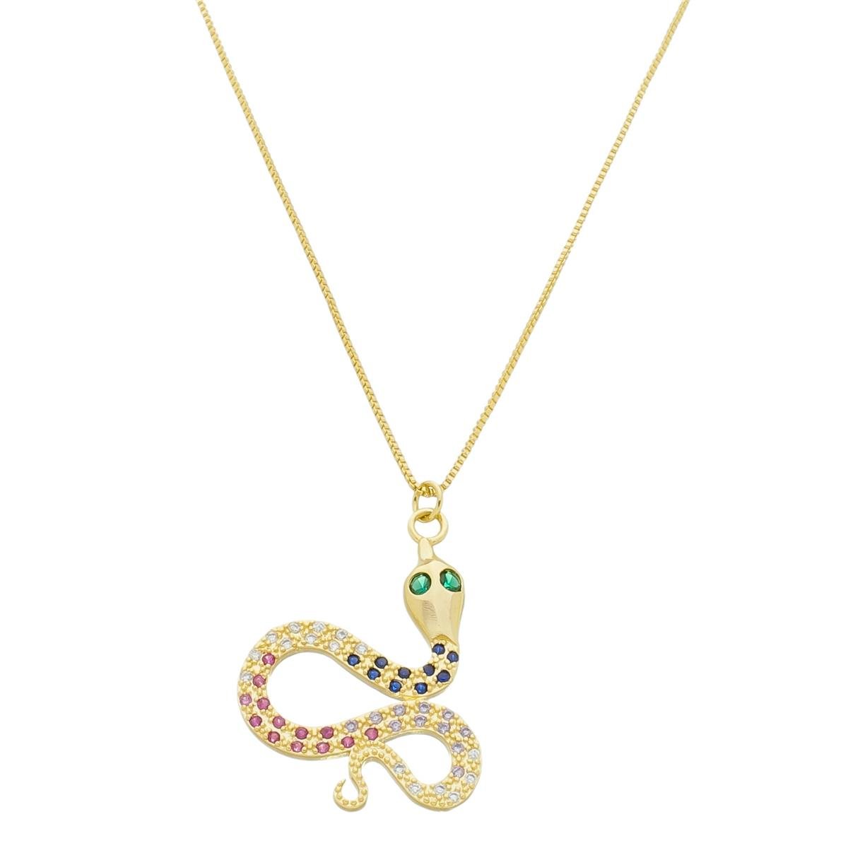 COLAR BANHADO A OURO VENEZIANA DE COBRA COM ZIRCÔNIAS 45CM