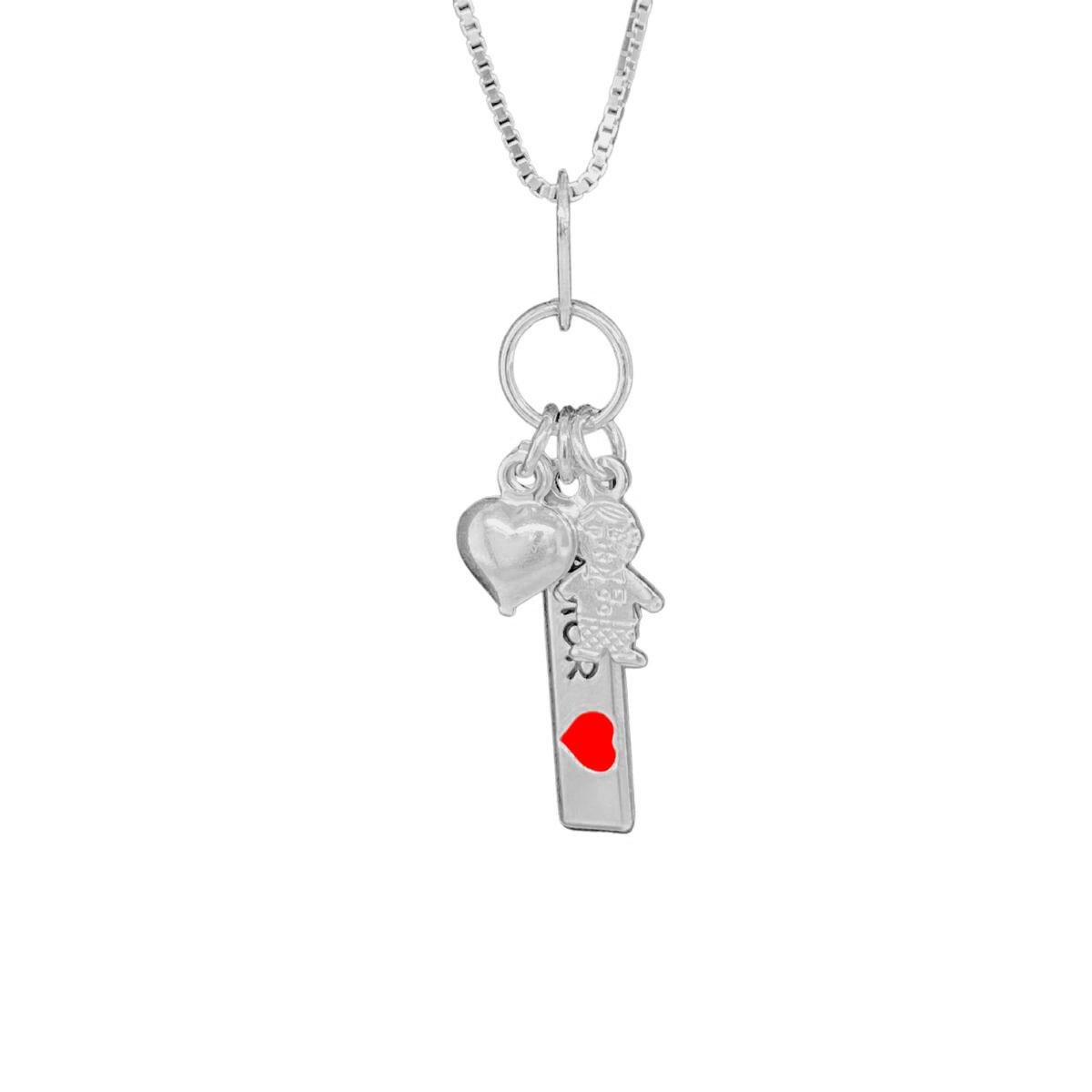 Colar de Prata 925 com Pingente Amor, Coração e Menino
