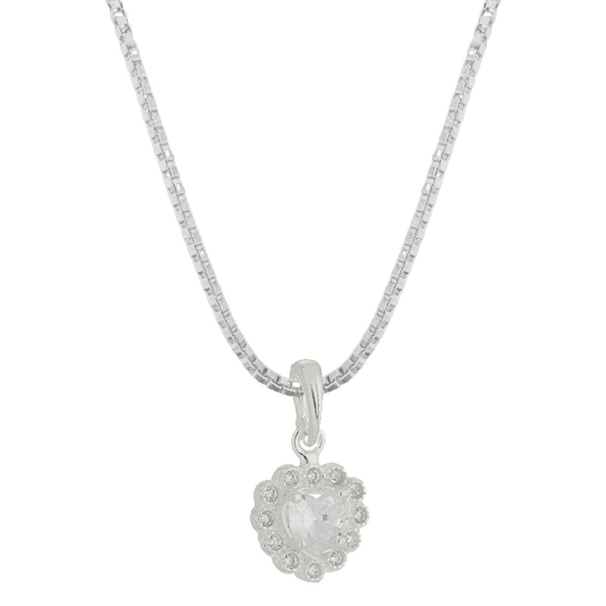 Colar de Prata 925 Pingente Coração Contornado Com Micro Zircônia.
