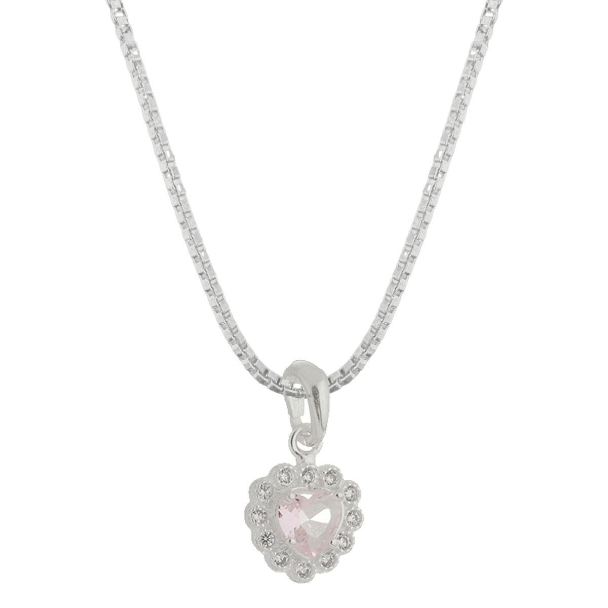 Colar de Prata 925 Pingente Coração Contornado Com Micro Zircônia.
