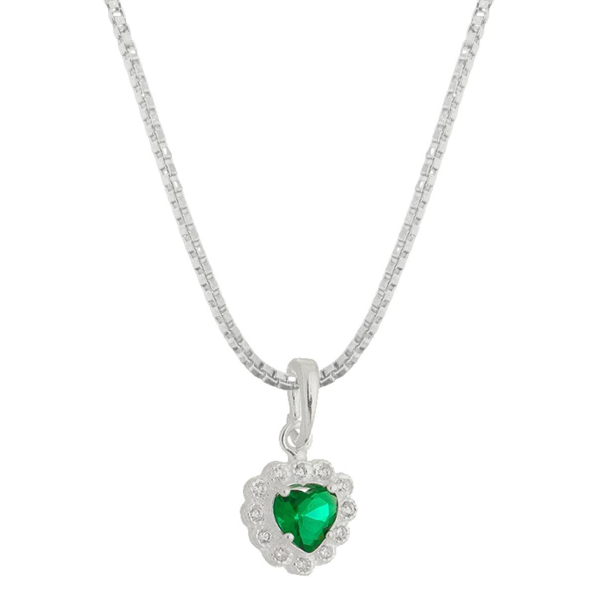 Colar de Prata 925 Pingente Coração Contornado Com Micro Zircônia.